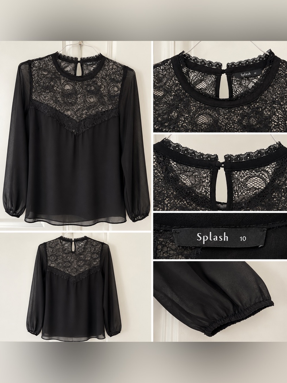 Splash Black Lace Yoke Long Sleeve Blouse